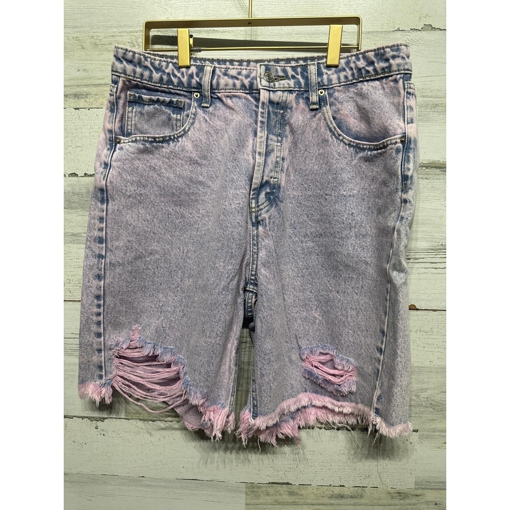 Wild Fable Bermuda Shorts Women 10 Pink Blue Acid Wash Distressed High Rise EUC